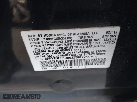 2013 Honda Pilot EX-L с VIN 5FNYF3H65DB022580, выставлен на аукционе IAAI как лот 42418391 с пробегом 241 906 миль миль и . История ставок и продаж доступна на DreamBid. Изображение 9.