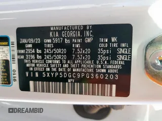 2023 Kia Telluride SX Prestige with VIN 5XYP5DGC9PG360203, listed as a Copart auction lot 57679905 with 39,145 mi miles and Salvage title. Bid and sale history available at DreamBid. Image 13.