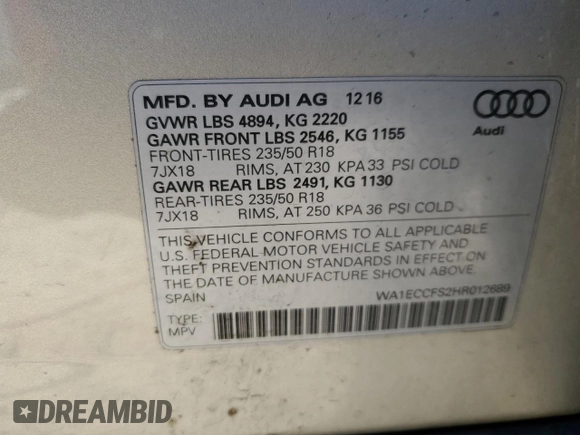 2017 Audi Q3 Premium with VIN WA1ECCFS2HR012689, listed as a Copart auction lot 38382213 with 85,687 mi miles. Bid and sale history available at carsss.com. Image 13.