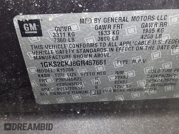 2016 GMC Yukon Denali with VIN 1GKS2CKJ8GR457661, listed as a IAAI auction lot 41522729 with 1 mi miles. Bid and sale history available at carsss.com. Image 9.