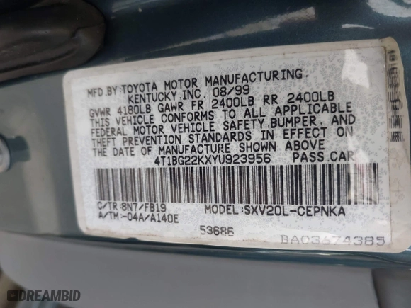 2000 Toyota Camry CE with VIN 4T1BG22KXYU923956, listed as a IAAI auction lot 41937950 with 101,539 mi miles. Bid and sale history available at carsss.com. Image 9.