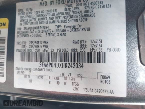 2017 Ford Fusion SE with VIN 3FA6P0HDXHR242034, listed as a IAAI auction lot 42356463 with 65,584 mi miles and . Bid and sale history available at DreamBid. Image 9.