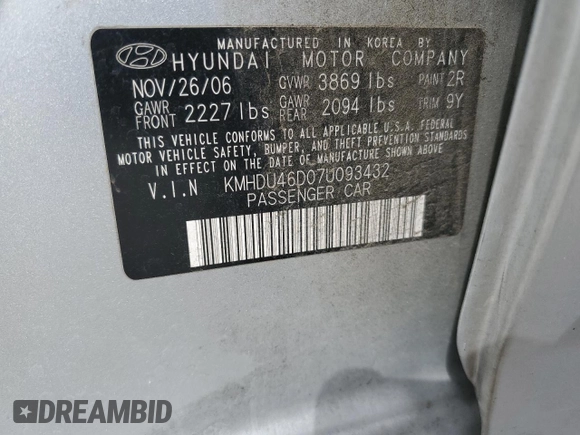 2007 Hyundai Elantra GLS z VIN KMHDU46D07U093432, wystawiony jako Copart lot #53382125 z przebiegiem 181 482 mil mil oraz Szkoda całkowita • Salvage title. Historia ofert i sprzedaży dostępna na DreamBid. Obrazek 13.