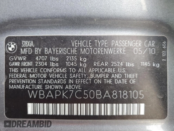2011 BMW 3 Series 328i xDrive with VIN WBAPK7C50BA818105, listed as a Copart auction lot 45347835 with 119,713 mi miles and Salvage Title. Bid and sale history available at carsss.com. Image 12.