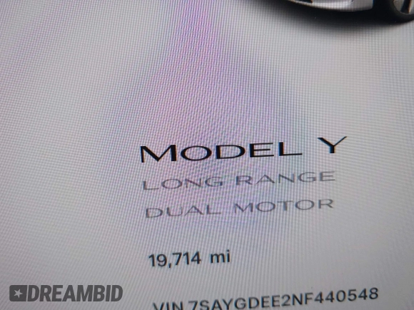 2022 Tesla Model Y Long Range with VIN 7SAYGDEE2NF440548, listed as a IAAI auction lot 41360276 with 19,714 mi miles and . Bid and sale history available at carsss.com. Image 15.