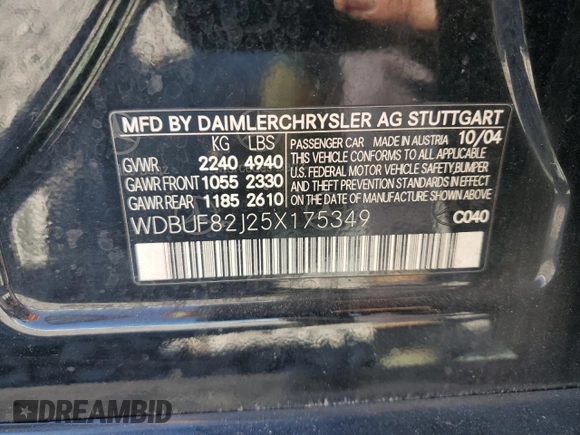 2005 Mercedes-Benz E 320 with VIN WDBUF82J25X175349, listed as a Copart auction lot 49461915 with 203,556 mi miles and Salvage Title. Bid and sale history available at DreamBid. Image 12.