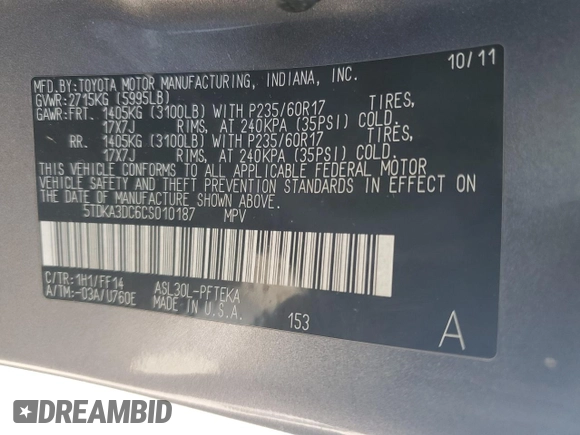 2012 Toyota Sienna with VIN 5TDKA3DC6CS010187, listed as a Copart auction lot 86885234 with 145,745 mi miles and Salvage Title. Bid and sale history available at DreamBid. Image 14.
