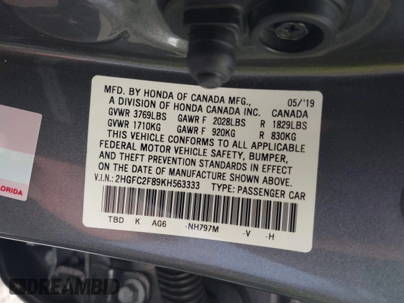 2019 Honda Civic Sport with VIN 2HGFC2F89KH563333, listed as a IAAI auction lot 41959217 with 66,068 mi miles and . Bid and sale history available at DreamBid. Image 9.