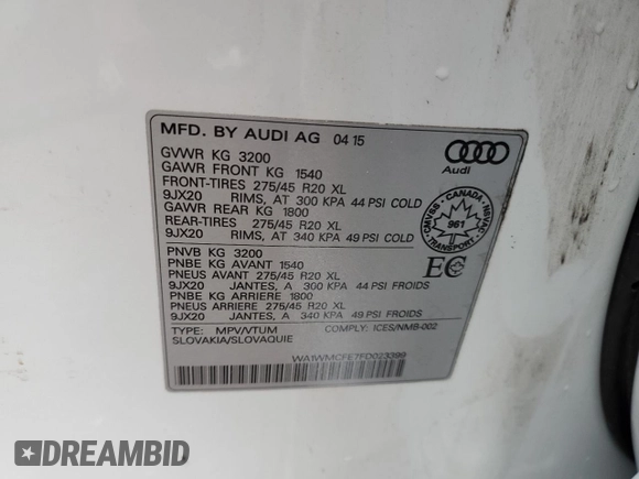 2015 Audi Q7 3.0L TDI Vorsprung Edition with VIN WA1WMCFE7FD023399, listed as a Copart auction lot 83018754 with 0 mi miles and Salvage Title. Bid and sale history available at carsss.com. Image 13.