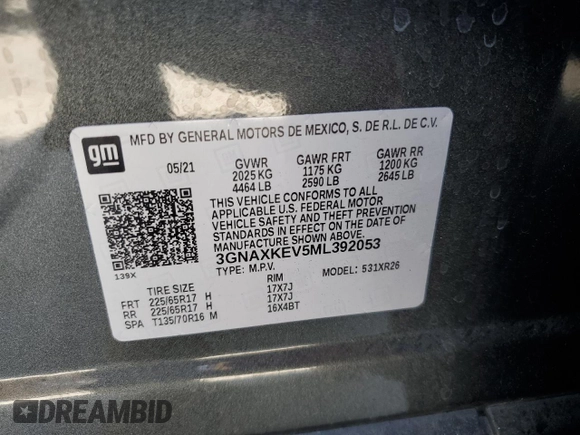 2021 Chevrolet Equinox LT with VIN 3GNAXKEV5ML392053, listed as a Copart auction lot 57170525 with 61,907 mi miles and Salvage title. Bid and sale history available at DreamBid. Image 13.