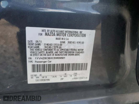 2012 Mazda 6 S Grand Touring with VIN 1YVHZ8CBXC5M09581, listed as a Copart auction lot 79581034 with Not Provided miles and Salvage Title. Bid and sale history available at DreamBid. Image 13.