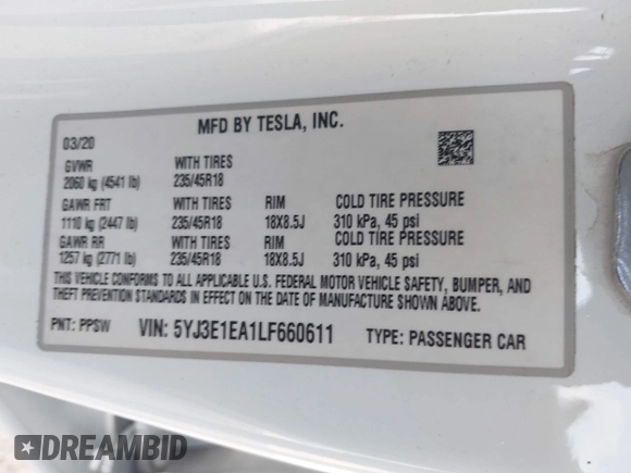 2020 Tesla Model 3 Standard Range Plus z VIN 5YJ3E1EA1LF660611, wystawiony jako IAAI lot #41856495 z przebiegiem 141 086 mil mil oraz . Historia ofert i sprzedaży dostępna na DreamBid. Obrazek 9.