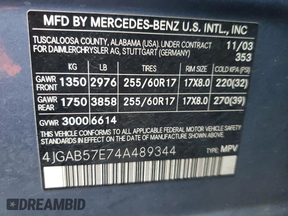 2004 Mercedes-Benz M-Class 3.5L with VIN 4JGAB57E74A489344, listed as a Copart auction lot 81976244 with 307,762 mi miles and Salvage Title. Bid and sale history available at carsss.com. Image 13.