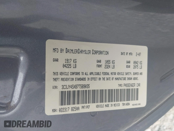 2007 Chrysler PT Cruiser with VIN 3C3JY45X87T589035, listed as a IAAI auction lot 42261535 with 80,007 mi miles and . Bid and sale history available at DreamBid. Image 9.