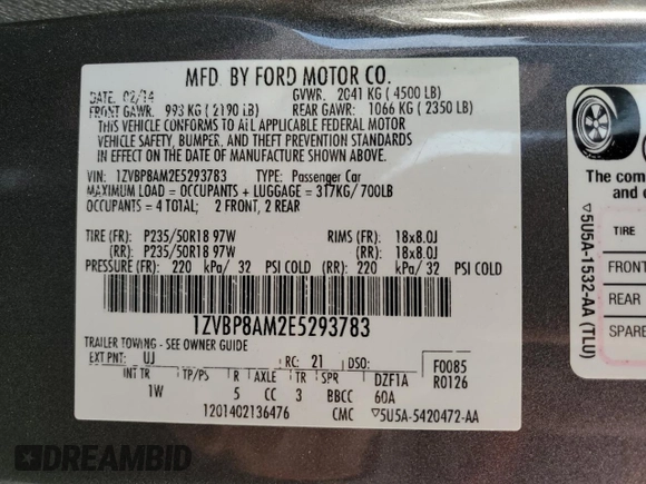 2014 Ford Mustang V6 with VIN 1ZVBP8AM2E5293783, listed as a Copart auction lot 84745474 with Not Provided miles and Salvage Title. Bid and sale history available at carsss.com. Image 12.