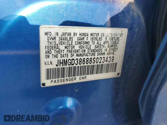 2008 Honda Fit Sport with VIN JHMGD38688S023439, listed as a Copart auction lot 64598514 with 275,095 mi miles and Salvage Title. Bid and sale history available at carsss.com. Image 13.