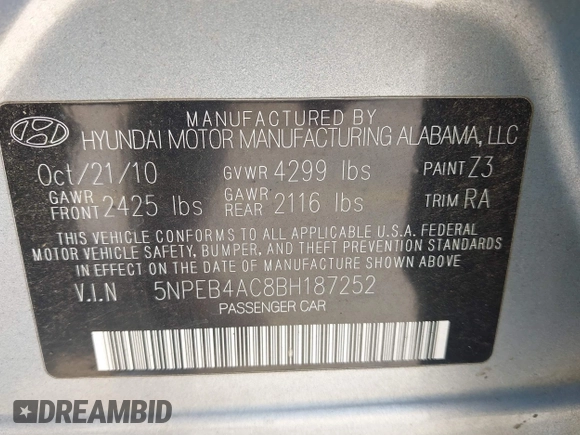 2011 Hyundai Sonata GLS with VIN 5NPEB4AC8BH187252, listed as a IAAI auction lot 42241628 with 197,411 mi miles and . Bid and sale history available at DreamBid. Image 9.
