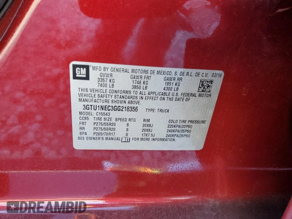 2016 GMC Sierra 1500 with VIN 3GTU1NEC3GG218356, listed as a Copart auction lot 80735854 with 74,070 mi miles and Salvage Title. Bid and sale history available at DreamBid. Image 13.