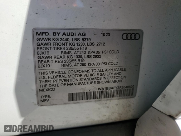 2024 Audi Q5 Premium Plus with VIN WA1BBAFY3R2040820, listed as a Copart auction lot 77135564 with 12,716 mi miles and Salvage title. Bid and sale history available at DreamBid. Image 15.