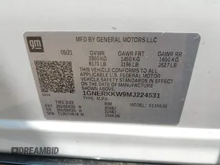 2021 Chevrolet Traverse Premier with VIN 1GNERKKW9MJ224531, listed as a IAAI auction lot 42418665 with 49,188 mi miles and . Bid and sale history available at DreamBid. Image 9.