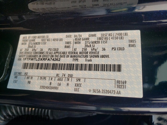 2024 Ford F-150 with VIN 1FTFW7LDXRFA74262, listed as a Copart auction lot 69665714 with 4,714 mi miles and Salvage title. Bid and sale history available at DreamBid. Image 12.