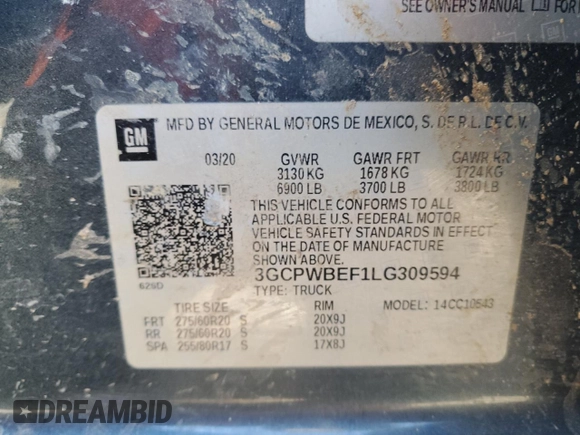2020 Chevrolet Silverado 1500 Custom with VIN 3GCPWBEF1LG309594, listed as a Copart auction lot 47881835 with 124,433 mi miles and Salvage Title. Bid and sale history available at carsss.com. Image 14.