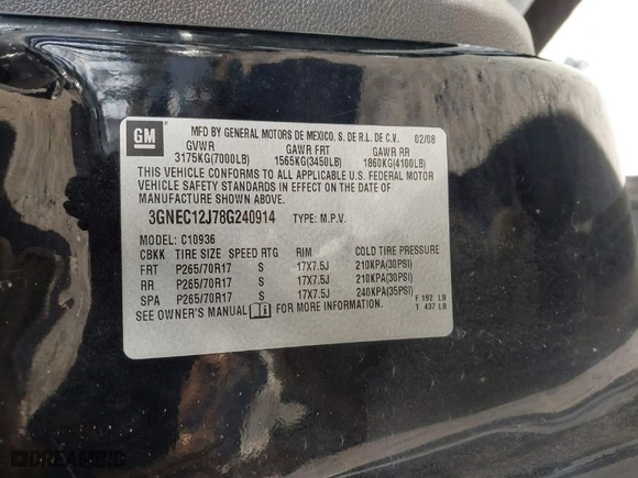 2008 Chevrolet Avalanche LTZ with VIN 3GNEC12J78G240914, listed as a IAAI auction lot 41778672 with 196,734 mi miles. Bid and sale history available at carsss.com. Image 9.