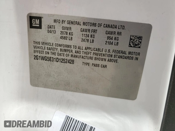 2013 Chevrolet Impala LT with VIN 2G1WG5E31D1252428, listed as a Copart auction lot 53165865 with 146,615 mi miles and Salvage Title. Bid and sale history available at DreamBid. Image 12.