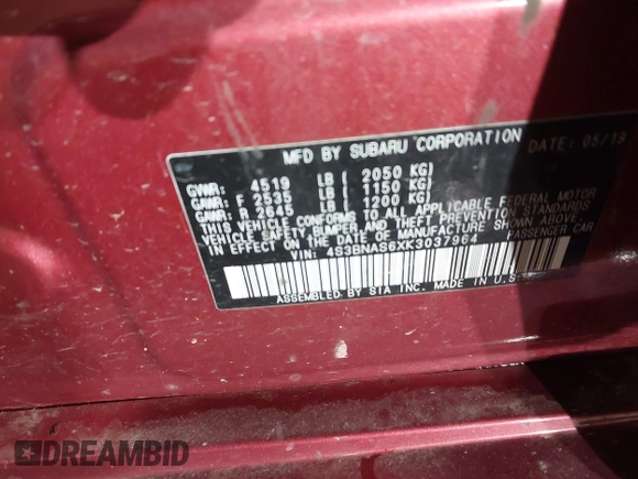 2019 Subaru Legacy Special Sports z VIN 4S3BNAS6XK3037964, wystawiony jako IAAI lot #41857122 z przebiegiem 80 309 mil mil oraz . Historia ofert i sprzedaży dostępna na DreamBid. Obrazek 9.