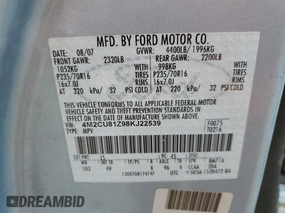 2008 Mercury Mariner with VIN 4M2CU81Z98KJ22539, listed as a Copart auction lot 49060465 with Not provided miles and Clean title. Bid and sale history available at DreamBid. Image 13.