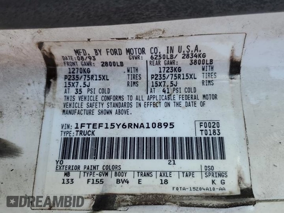 1994 Ford F-150 with VIN 1FTEF15Y6RNA10895, listed as a Copart auction lot 79569834 with 0 mi miles and Salvage Title. Bid and sale history available at carsss.com. Image 13.