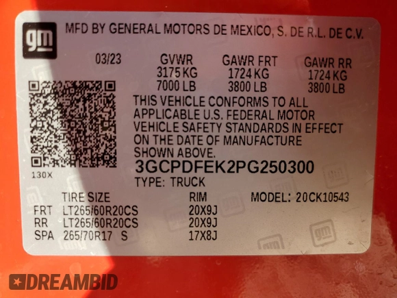 2023 Chevrolet Silverado 1500 LT Trail Boss with VIN 3GCPDFEK2PG250300, listed as a Copart auction lot 85714484 with Not Provided miles and Salvage Title. Bid and sale history available at DreamBid. Image 12.