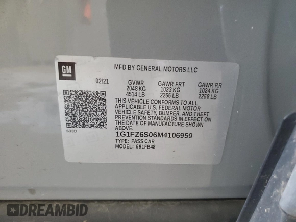 2021 Chevrolet Bolt EV Premier with VIN 1G1FZ6S06M4106959, listed as a Copart auction lot 55981405 with Not provided miles and Non repairable. Bid and sale history available at DreamBid. Image 13.