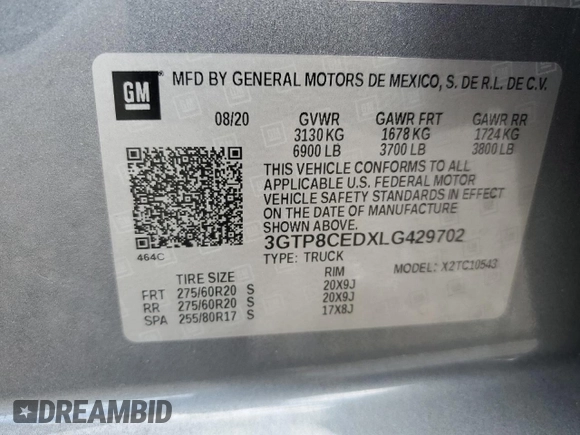 2020 GMC Sierra 1500 Elevation with VIN 3GTP8CEDXLG429702, listed as a Copart auction lot 50193485 with 30,797 mi miles and Salvage Title. Bid and sale history available at DreamBid. Image 12.