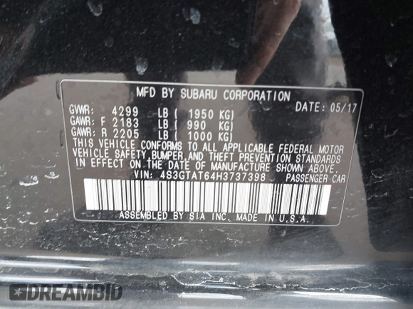 2017 Subaru Impreza Limited with VIN 4S3GTAT64H3737398, listed as a IAAI auction lot 41881726 with 54,879 mi miles. Bid and sale history available at carsss.com. Image 9.