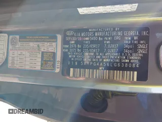 2020 Kia Sorento LX V6 with VIN 5XYPG4A56LG638084, listed as a IAAI auction lot 41474602 with 89,244 mi miles. Bid and sale history available at carsss.com. Image 9.