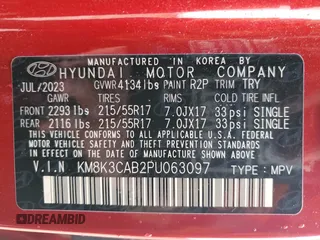 2023 Hyundai Kona SEL с VIN KM8K3CAB2PU063097, выставлен на аукционе Copart как лот 54108895 с пробегом 23 016 миль миль и Списание • Salvage title. История ставок и продаж доступна на DreamBid. Изображение 12.