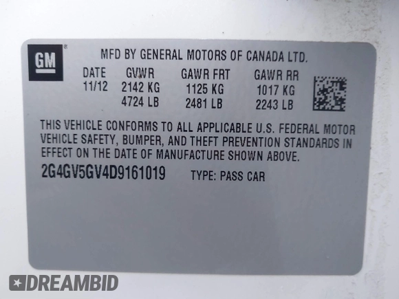 2013 Buick Regal GS with VIN 2G4GV5GV4D9161019, listed as a IAAI auction lot 41742212 with 133,722 mi miles. Bid and sale history available at carsss.com. Image 9.