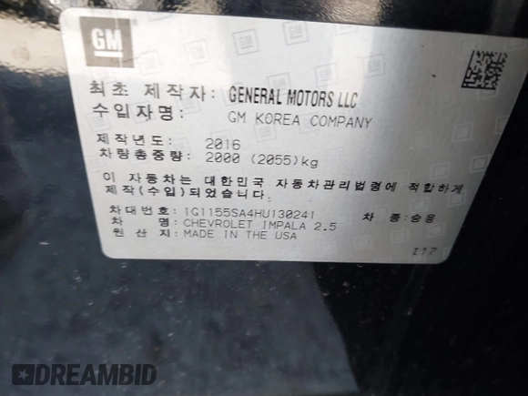 2017 Chevrolet Impala with VIN 1G1155SA4HU130241, listed as a IAAI auction lot 41759740 with 127,938 mi miles and . Bid and sale history available at DreamBid. Image 9.