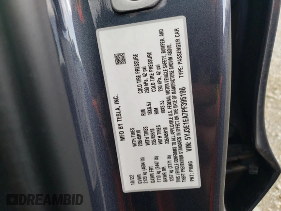 2023 Tesla Model 3 with VIN 5YJ3E1EA7PF395196, listed as a Copart auction lot 51260465 with 41,119 mi miles and Salvage title. Bid and sale history available at DreamBid. Image 14.