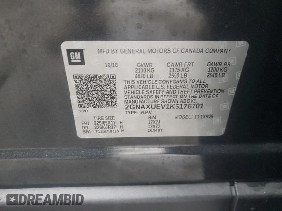 2019 Chevrolet Equinox LT with VIN 2GNAXUEV1K6176701, listed as a Copart auction lot 82178454 with 68,997 mi miles and Salvage Title. Bid and sale history available at DreamBid. Image 13.