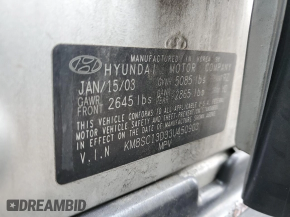 2003 Hyundai Santa Fe GLS with VIN KM8SC13D33U450903, listed as a Copart auction lot 48351575 with 150,319 mi miles and Salvage Title. Bid and sale history available at carsss.com. Image 13.
