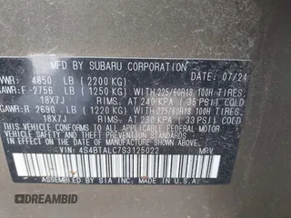2025 Subaru Outback Onyx с VIN 4S4BTALC7S3125022, выставлен на аукционе IAAI как лот 42033771 с пробегом 27 062 миль миль и . История ставок и продаж доступна на DreamBid. Изображение 9.