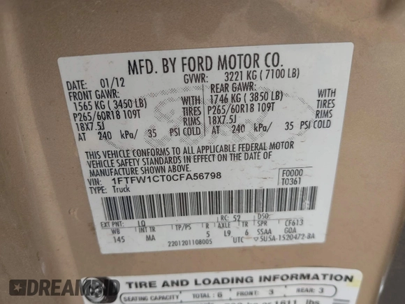 2012 Ford F-150 XL z VIN 1FTFW1CT0CFA56798, wystawiony jako IAAI lot #42155059 z przebiegiem 205 460 mil mil oraz . Historia ofert i sprzedaży dostępna na DreamBid. Obrazek 9.
