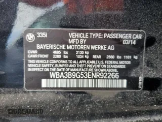 2014 BMW 3 Series 335i xDrive with VIN WBA3B9G53ENR92266, listed as a Copart auction lot 58800785 with 148,565 mi miles and Clean title. Bid and sale history available at DreamBid. Image 12.