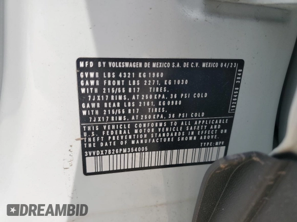2023 Volkswagen Taos S с VIN 3VVDX7B26PM354005, выставлен на аукционе Copart как лот 53887235 с пробегом 8 421 миль миль и Списание • Salvage title. История ставок и продаж доступна на DreamBid. Изображение 13.