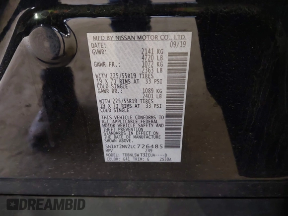 2020 Nissan Rogue S with VIN 5N1AT2MV2LC726485, listed as a IAAI auction lot 42014175 with 38,816 mi miles and . Bid and sale history available at DreamBid. Image 9.