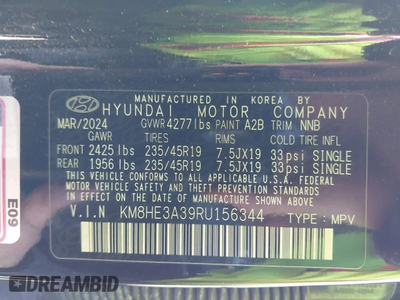 2024 Hyundai Kona Limited with VIN KM8HE3A39RU156344, listed as a IAAI auction lot 41396108 with 12,192 mi miles. Bid and sale history available at carsss.com. Image 9.