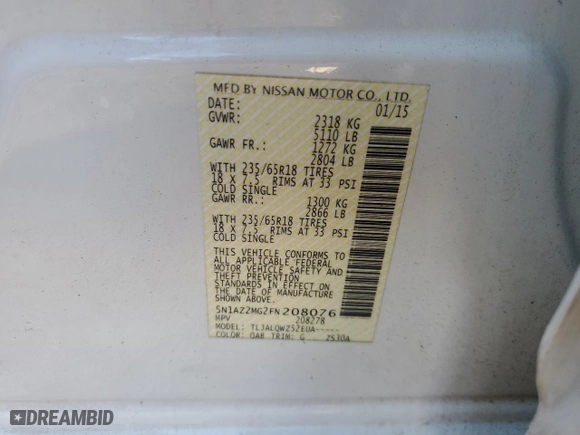 2015 Nissan Murano SV with VIN 5N1AZ2MG2FN208076, listed as a Copart auction lot 81665004 with 154,983 mi miles and Salvage Title. Bid and sale history available at carsss.com. Image 13.