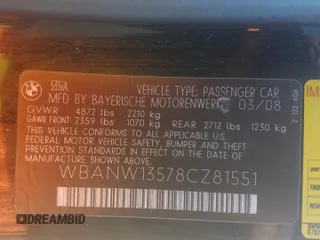 2008 BMW 5 Series 535i with VIN WBANW13578CZ81551, listed as a Copart auction lot 43568245 with 166,557 mi miles and Salvage Title. Bid and sale history available at carsss.com. Image 14.